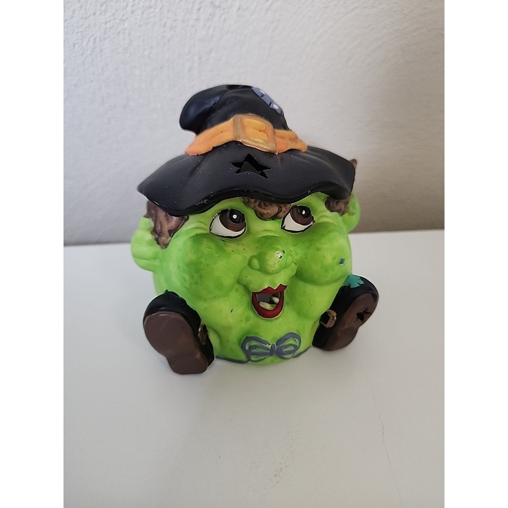 CHUBBY FACE WITCH TEA LIGHT HOLDER Brinn's vintage Halloween painted bisque RARE